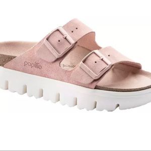 Arizona Platform Birkenstock’s in soft pale pink suede.